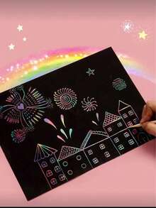 50pcs Magic Scratch Paper With 5pcs Bamboo Pens, Scratch Rainbow Art Paper Scratch Painting Kit With 5 Wooden Sticks Birthday Party Holiday Gift, Amazing Gift - Multicolor - View 6