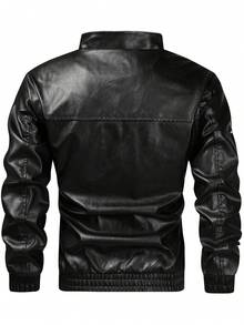 Men's Fashion PU Leather Jacket, With Motorcycle Racing Pattern, Breathable Stand-Up Collar, Zipped Long Sleeves, Side Pockets - Ideal Choice For Spring And Autumn, Autumn Jacket | Pattern PU Leather Jacket | Flexible Fitting Jacket, New Windproof Jacket With Pockets, Suitable For Casual Daily Wear, Outdoor Activities, Street Style, Stylish And Chic Jacket For Autumn And Winter Leisurewear. - 黑色 - 查看 5