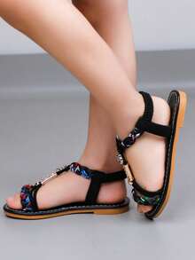 1 Pair Girls Sandals, 2026 New Outdoor Walking Shoes, Bohemian Style Woven Strap Versatile Girls Flat Sandals, Suitable For Daily, School, Shopping, Travel, Beach - Black - View 4