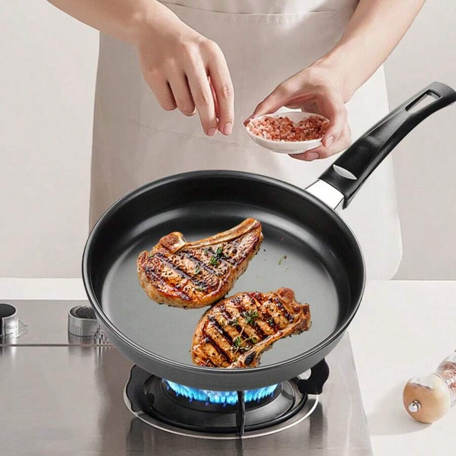 Stainless Steel Flat Frying Pan For Eggs And Steaks, Non-Stick Grill Pan For Barbecue, Smoke-Free Cookware With Packaging Box Set. Suitable For Home Use. - Black - View 1