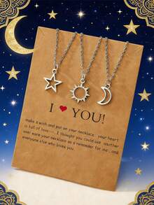3pcs Silver Stainless Steel Star, Sun And Moon Design Friendship Necklace Set, Suitable For Women Daily Wear Or As A Vacation Or Back To School Gift - Yellow Gold - View 3