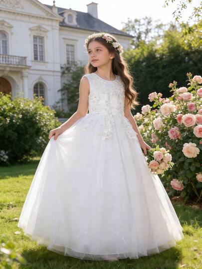 Girls' Lace Princess Dress, Suitable For Wedding, Prom, Beauty Pageant, Evening Party, Graduation, Summer