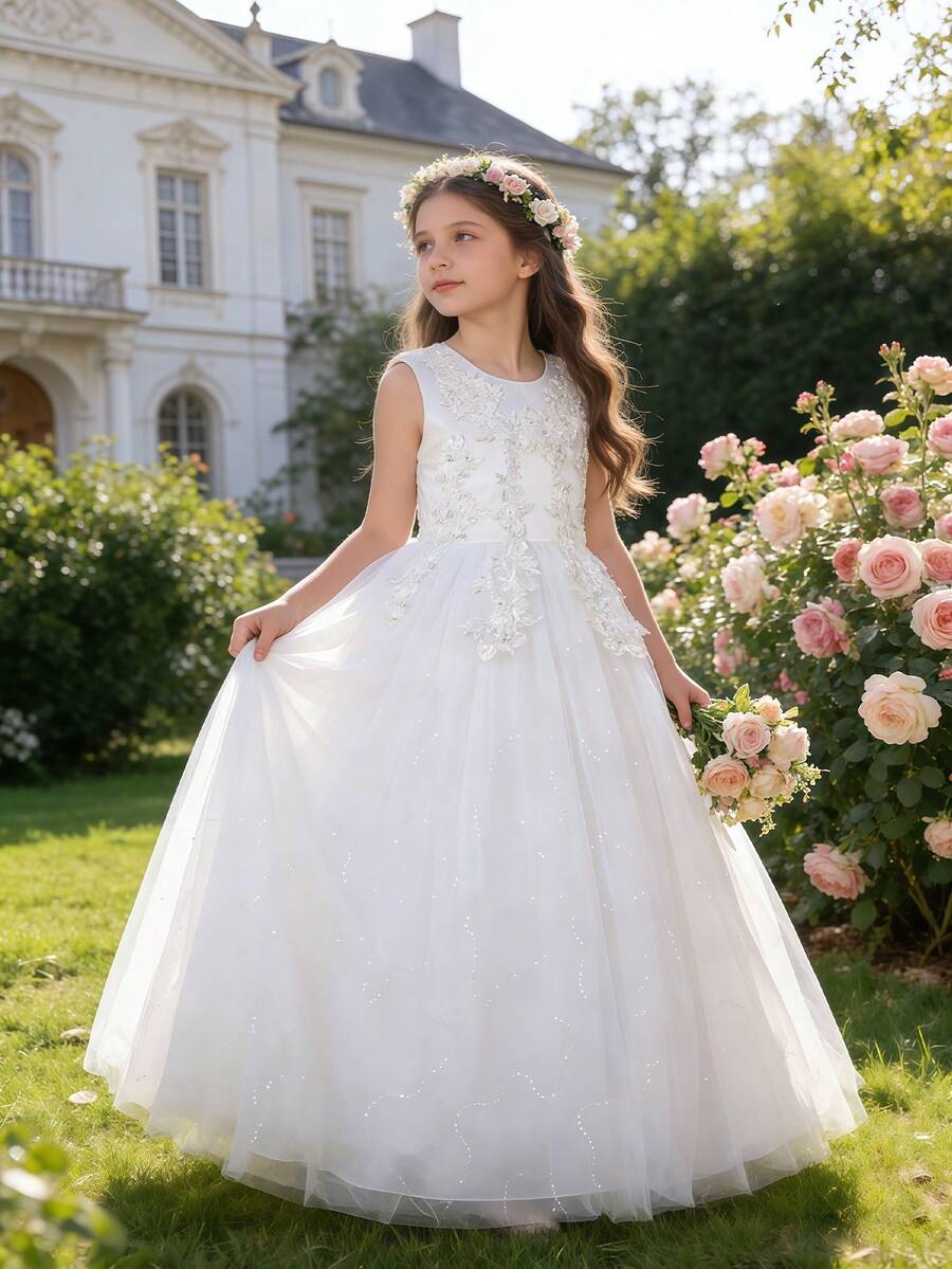 Girls' Lace Princess Dress, Suitable For Wedding, Prom, Beauty Pageant, Evening Party, Graduation, Summer - White - View 1