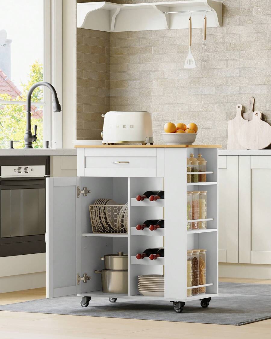 HEXCELEN Serving Trolley With 3-Tier Wine Rack, Kitchen Trolley With Wheels, 3-Tier Storage Shelf, Wine Rack, For Kitchen, Living Rooms And Dining Rooms & Outdoor Use, 68 * 86 * 40 Cm - White - View 1