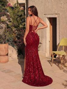 ADYCE Đầm dài dự tiệc nữ dây mảnh cổ chữ V sâu xẻ tà trước hở lưng thắt nơ, thích hợp cho các buổi tiệc tùng, dạ hội, tiệc tối trang trọng, dự đám cưới, lễ tốt nghiệp, thanh lịch và trang trọng, đầm dự tiệc Giáng sinh, trang phục Lễ Tạ ơn. - Màu Đỏ Sâu - Xem 2