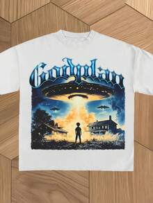 Men'S Godspeed UFO Encounter Y2K Retro Sci-Fi Graphic T-Shirt - Streetwear Tee With Alien Spaceship & Alien Print, Round Neck Short Sleeve Casual Tee - Soft Breathable Fabric, Regular Fit, All-Season - 白色 - 查看 1