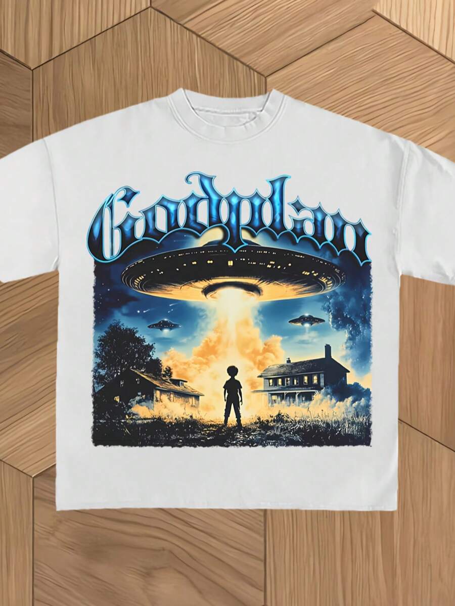Men'S Godspeed UFO Encounter Y2K Retro Sci-Fi Graphic T-Shirt - Streetwear Tee With Alien Spaceship & Alien Print, Round Neck Short Sleeve Casual Tee - Soft Breathable Fabric, Regular Fit, All-Season - 白色 - 查看 1