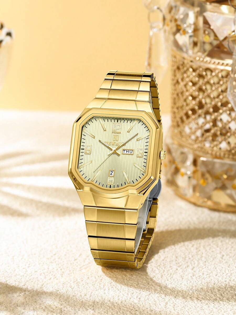 Reloj de cuarzo para hombres REWARD, estilo de moda de negocios con calendario, manecillas luminosas y funciones múltiples. Reloj de pulsera de alta calidad con diseño clásico y correa de acero inoxidable, un regalo ideal - Verde militar - Ver 1