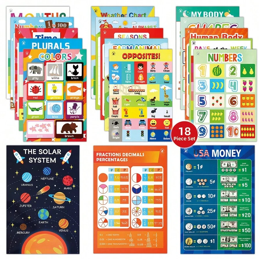 18 Boho Colorful Educational Posters, Learning Poster For Kids Ages 1-6, ABC Chart, Numbers, Colors, Shapes, Days Of The Week,Homeschool Classroom Decor, PreK Learning Materials Alphabet Number Chart, Toddler Education Gift - 彩色 - 查看 1