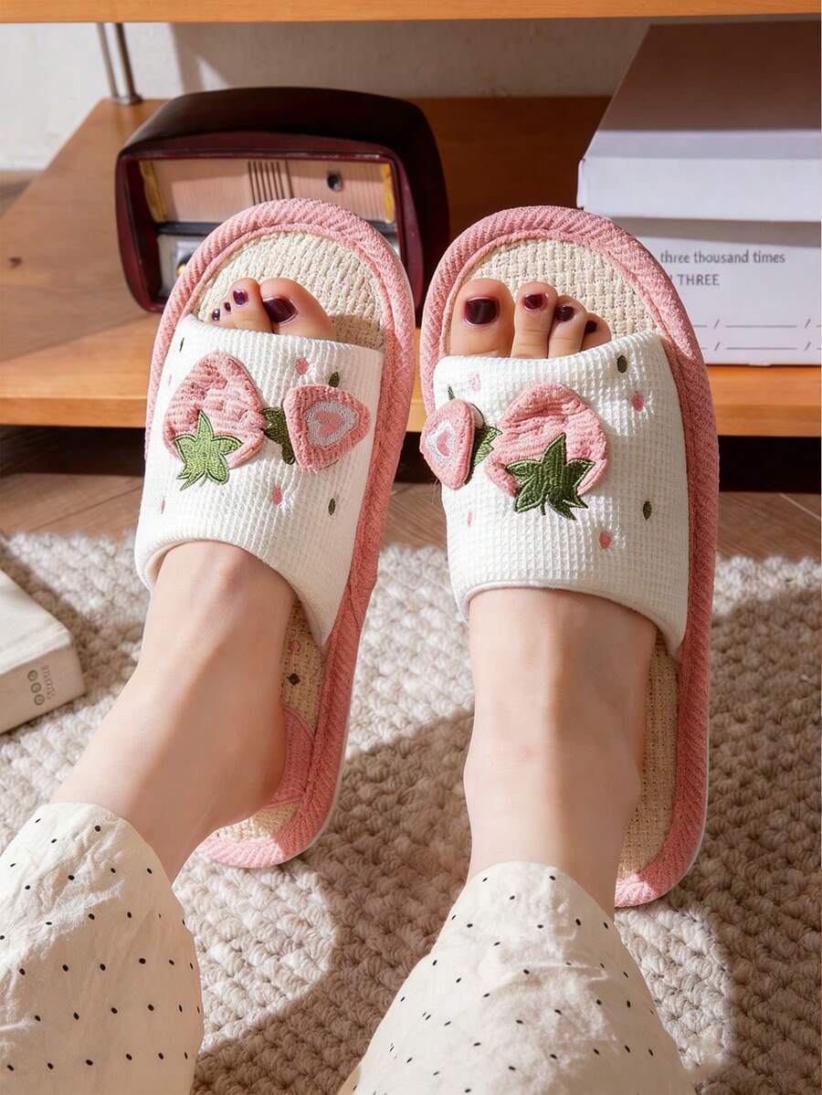Women's Summer House Slippers, Cute Strawberry Pattern, Non-Slip Comfortable Soft Bottom, Lightweight Summer Slippers - Pink - View 1