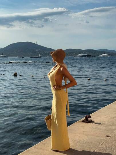 Vestido de vacaciones con espalda descubierta y lazo de unicolor para mujer