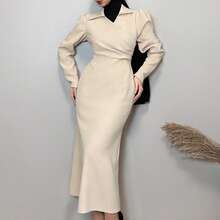 DAZY 全新优雅交叉裹身褶皱腰女式连衣裙，春秋季衬衫裙长袖连衣裙 - 杏色 - 查看 7