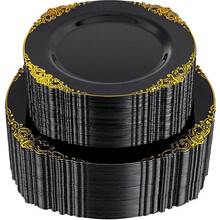 102PCS Black And Gold Plastic Plates - Black Disposable Plates - Heavyweight Disposable Plate With Gold Rim - Fancy Dinner & Dessert Plate For 51 Guests Weddings & Party - 黑色 - 查看 1