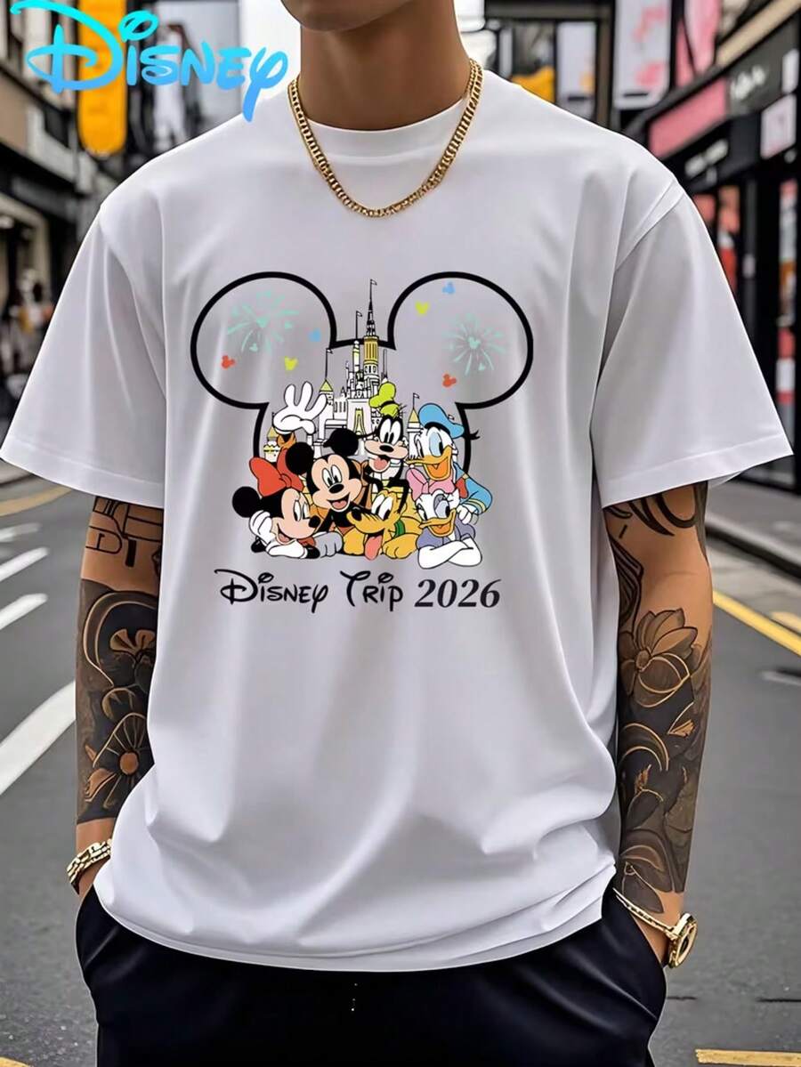 1 Piece, Disney Men's T-Shirt, Disney Classic Character 2026 Print, Round Neck Casual And Comfortable T-Shirt, Breathable And Light, Suitable For Sports And Leisure Wear, Loose T-Shirt, Suitable For Gifts, Suitable For Travel And Party Wear. - 白色 - 查看 1