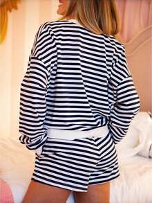Women Y2K Striped 2 Piece Lounge Outfits Shorts Set Long Sleeve Button Down Cardigan Jacket And Wide Leg Boxers Shorts Fall Spring Two Piece Pjs Matching Outfits Sleepwear Loungwear - màu đen - Xem 6