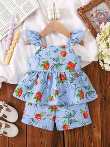 女婴夏季两件套，蓝色玫瑰印花吊带背心+配套荷叶边短裤，可爱清新 - 藍色 - 查看 3