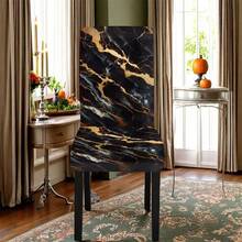 1/4/5/6/7/36pcs Minimalist Black & Gold Marble Pattern Chair Cover/Seat Cushion Set, Suitable For Indoor Home, Dining Room, Hotel, Ideal For Modern Daily Decor. Tablecloth Fits Square Dining Table, Elastic Chair Covers Are Washable. - Multicolor - View 8