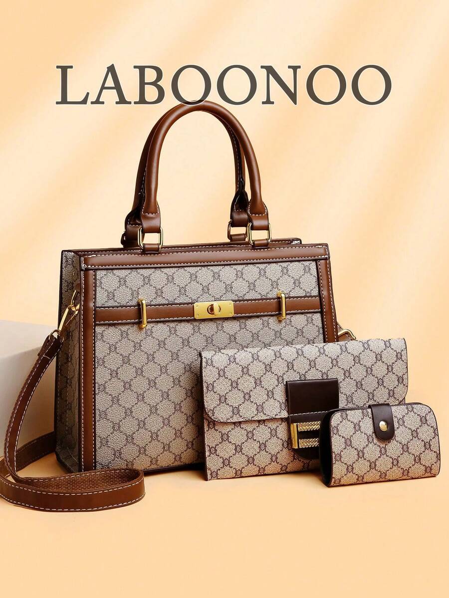 3pcs Set Plaid PU Leather Handbag, Shoulder Bag, Elegant Tote Bag, Large Capacity, Versatile For Women Daily Use - Grey - View 1