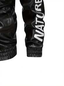 Men's Fashion PU Leather Jacket, With Motorcycle Racing Pattern, Breathable Stand-Up Collar, Zipped Long Sleeves, Side Pockets - Ideal Choice For Spring And Autumn, Autumn Jacket | Pattern PU Leather Jacket | Flexible Fitting Jacket, New Windproof Jacket With Pockets, Suitable For Casual Daily Wear, Outdoor Activities, Street Style, Stylish And Chic Jacket For Autumn And Winter Leisurewear. - 黑色 - 查看 4