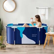 LIVINGANDHOME Blue Foldable Soaking Bathtub Spacious Interior Stable Frame Water Injection Cushion Indoor Outdoor Bath - Blue 115cm (W) x 60cm (D) x 50cm (H) - 查看 2