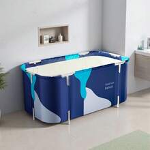 LIVINGANDHOME Blue Foldable Soaking Bathtub Spacious Interior Stable Frame Water Injection Cushion Indoor Outdoor Bath - Blue 115cm (W) x 60cm (D) x 50cm (H) - 查看 4