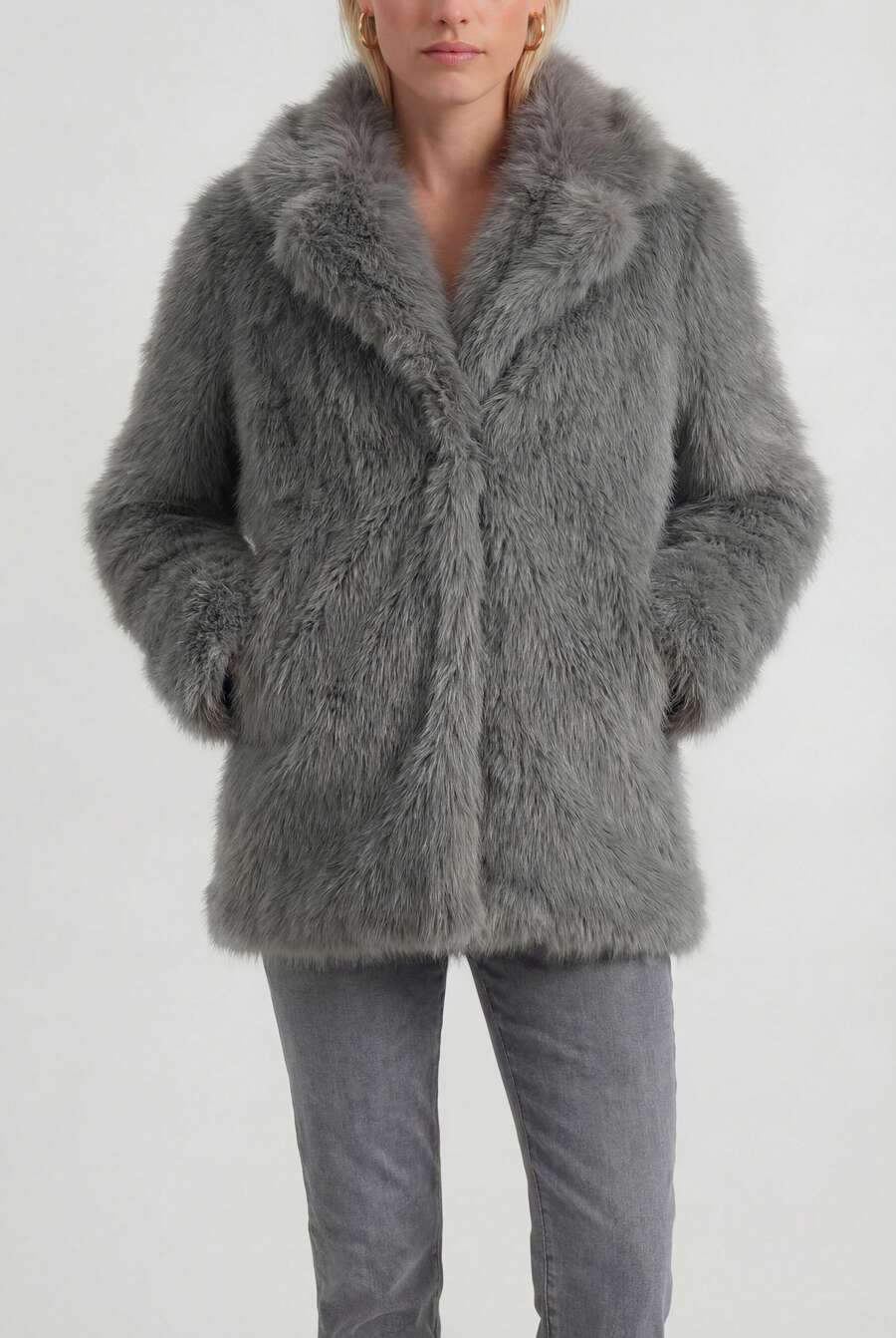 Naf Naf Grey Faux Fur Wrap Coat Manteaux Grey Fabric - Grey - View 1