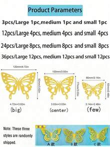 36pcs 3D Butterfly Wall Stickers, 4 Styles, 3 Sizes, Butterfly Birthday Decor, Butterfly Party Decor, Cake Decor, Room Decor, Removable Stickers (Gold) Random Style - Paper - Gold - View 2