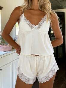 Women's Cami Pajama Set Lace Trim V-Neck Adjustable Spaghetti Straps Satin Top And Lace Hem Shorts Daily Lounge Sleepwear - 白色 - 查看 1