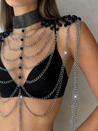 ZHENGHEN 1 pieza Cadena para el Body con tirantes finos y borlas metálicas de estilo gótico y sexy en color negro, cadena de hombro de lujo, atuendo de fiesta de moda para la reina