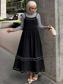 DAZY Women's Spaghetti Strap Contrast Color Wavy Macrame Frill Trim Loose A-Line Flowy Robe, Sweet Casual Style - Black - View 3