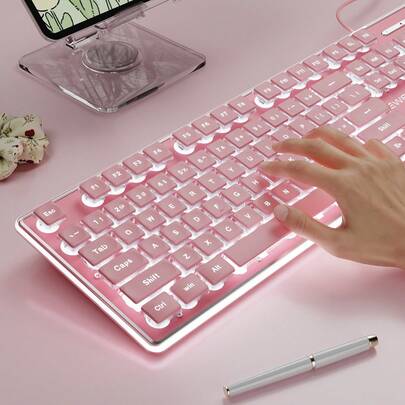 EWEADN 游戏键盘，全金属面板，104键有线连接，水滴键帽，带静音键和白色背光，USB有线键盘，适用于游戏和办公，适用于Windows笔记本电脑，粉色