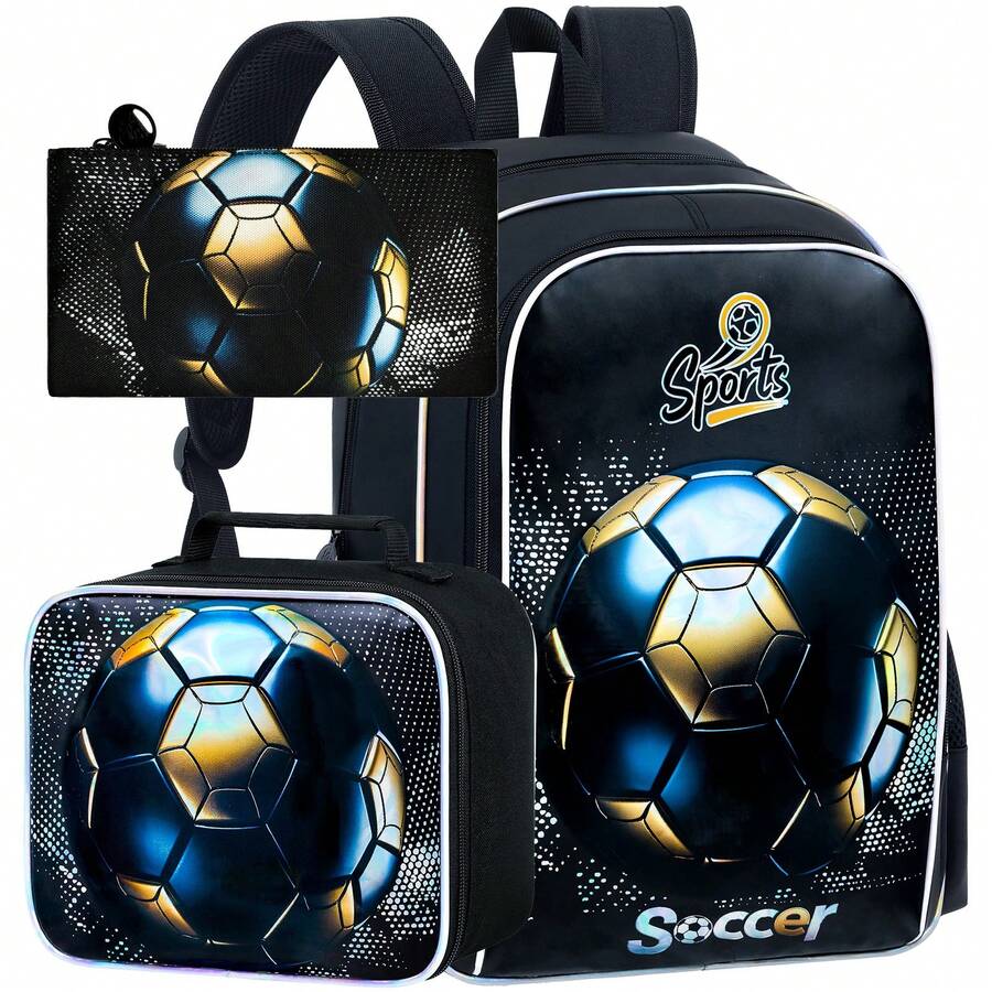 3件套足球书包，男童款，17英寸儿童足球背包带午餐盒，中小学生书包 - Blackgold Football - 黑色 - 查看 1