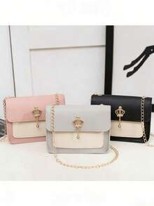 1pc Girls' Crown Chain Small Square Crossbody Bag, Waterproof Durable Lightweight Shoulder Bag, Ideal Gift Choice - Multicolor - View 1