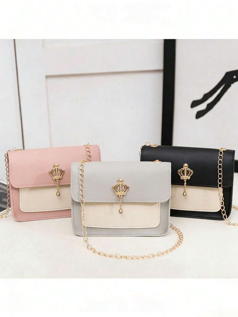 1pc Girls' Crown Chain Small Square Crossbody Bag, Waterproof Durable Lightweight Shoulder Bag, Ideal Gift Choice - Multicolor - View 1