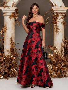 Women's Elegant Off-Shoulder Sleeveless Dress, Black And Red Floral Pattern, Slit Design, Showcasing Graceful Elegance - Red - View 5