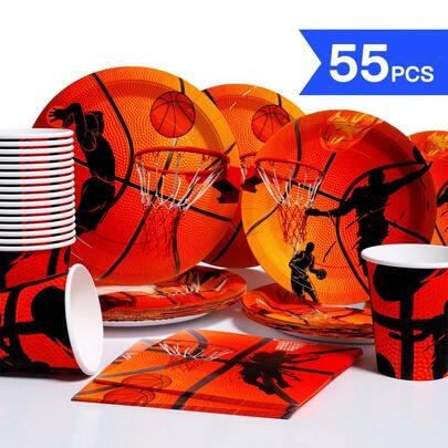Bộ đĩa, khăn giấy và cốc dùng một lần hình quả bóng rổ bốc cháy, đồ dùng tiệc tùng, phù hợp cho 10 khách, bộ đồ ăn bằng giấy dùng một lần thích hợp cho sinh nhật, đám cưới, tiệc tùng, dã ngoại gia đình.