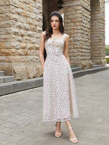 PARTHEA Elegant Sleeveless Strappy Cami Midi Dress With Knot Ruched Bust Backless Smocking And Floral Print Contrast Lace Detailing - Pink - View 5