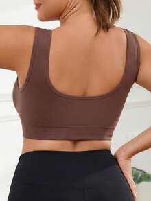 1pc Seamless Wireless Lift & Support Front Closure Adjustable Comfortable Side Gather Yoga Bra, Wireless Cup Sports Bra For Plus Size Women Spring - Brown - View 5