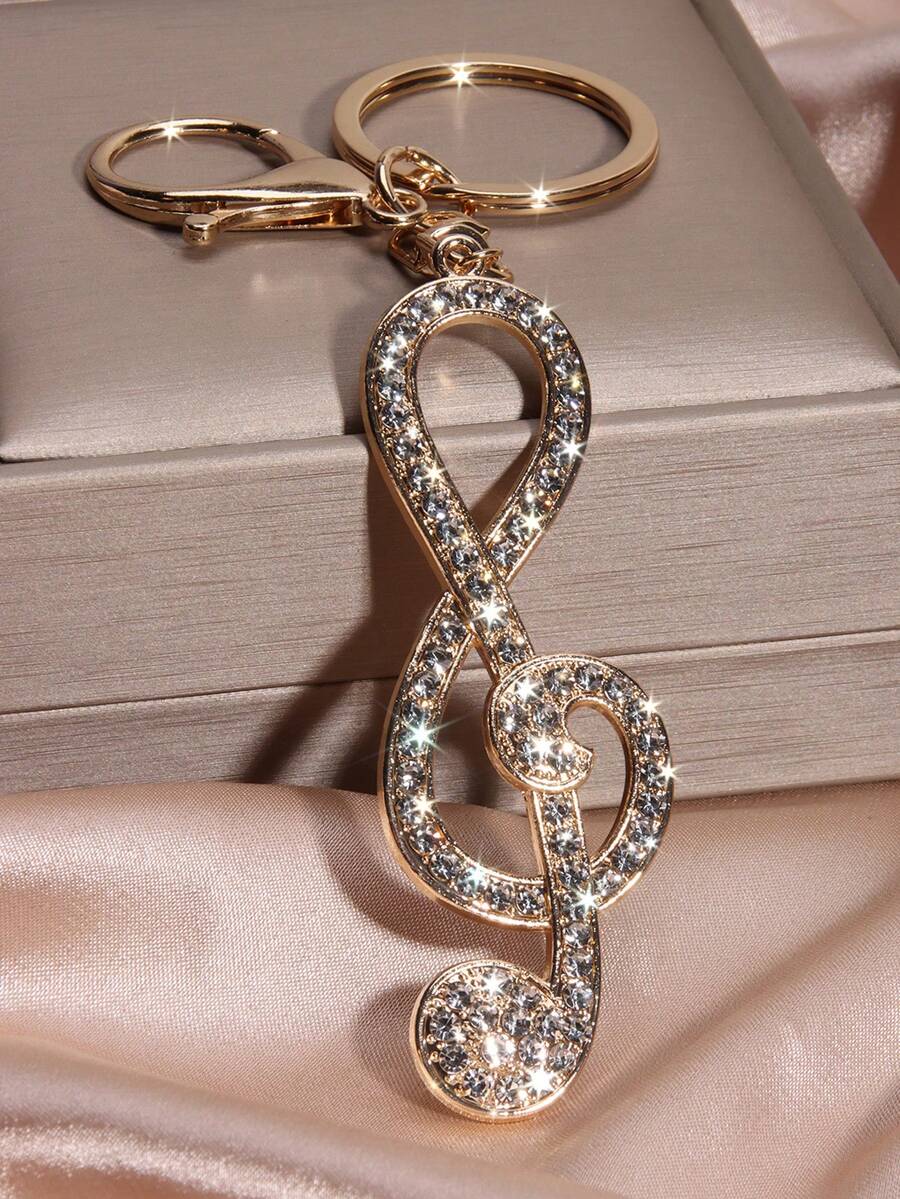 1pc Hip Hop Streetwear Crystal Rhinestone Music Note Car Key Chain, Metal Cute Bag Charm Keyring, Unisex Creative Cross-Border Gift, All Season - Gold - View 1