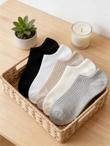 5 Pairs Solid Color Casual Boat Socks, Unisex, Thin Spring Style, Suitable For Casual And Formal Occasions, Minimalist Design, Soft Fabric, Women Low Vamp Invisible Socks - Multicolor - View 3