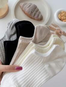 5 Pairs Solid Color Casual Boat Socks, Unisex, Thin Spring Style, Suitable For Casual And Formal Occasions, Minimalist Design, Soft Fabric, Women Low Vamp Invisible Socks - Multicolor - View 2