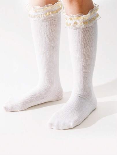 1 Pair Girls' Lace Trim Mid-Calf Socks, Elegant & Sweet Style Suitable For Back To School, Dance