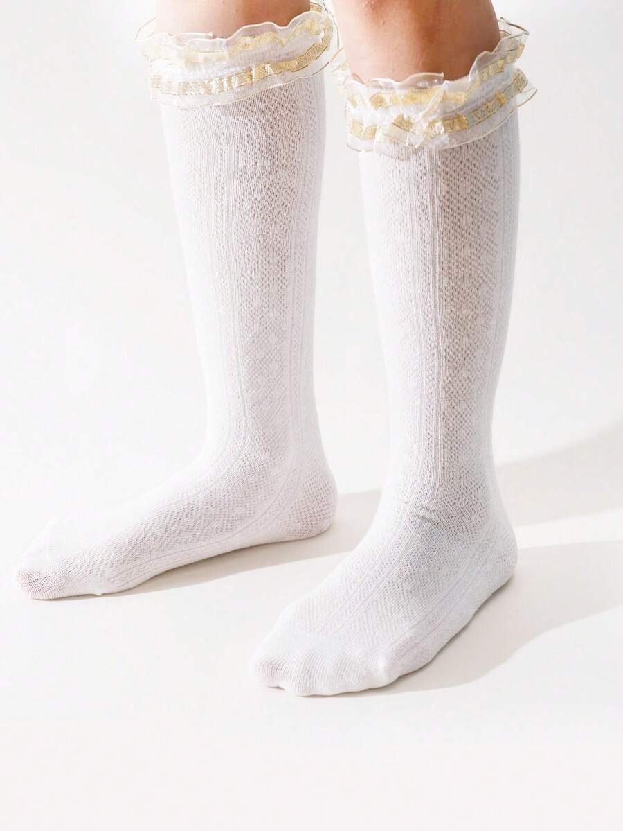 1 Pair Girls' Lace Trim Mid-Calf Socks, Elegant & Sweet Style Suitable For Back To School, Dance - White - View 1