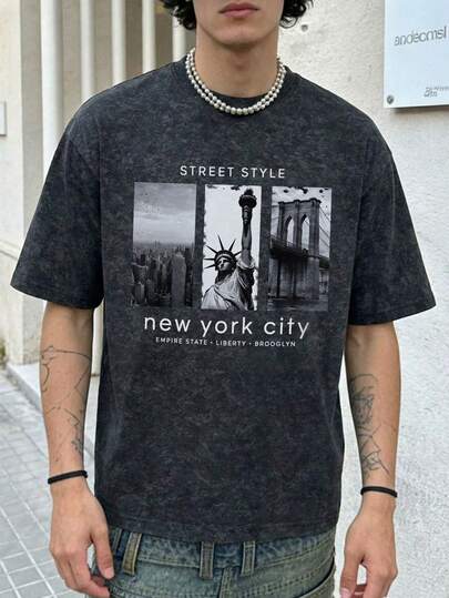 男士时尚休闲街头摇滚说唱风宽松水洗棉短袖T恤 | 帝国大厦、自由女神像和布鲁克林大桥印花 | 精致设计 | 春夏必备 | 百搭易穿，展现您的个人风格