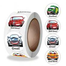 500张卡通汽车鼓励涂鸦贴纸，1英寸圆形，4种图案，重复“太棒了！”“做得好！”文具办公学校奖励用品，PVC防水贴纸 - 500貼 卡通小汽車貼紙 - 查看 7
