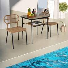COSTWAY 3 Piece Patio Dining Set, 2 Varied-Size Stackable Rattan Chairs & Dining Table With Shelf, Heavy-Duty Metal Frame, Space-Saving Wicker Breakfast Set For Indoor Outdoor, Brown - Brown - View 11