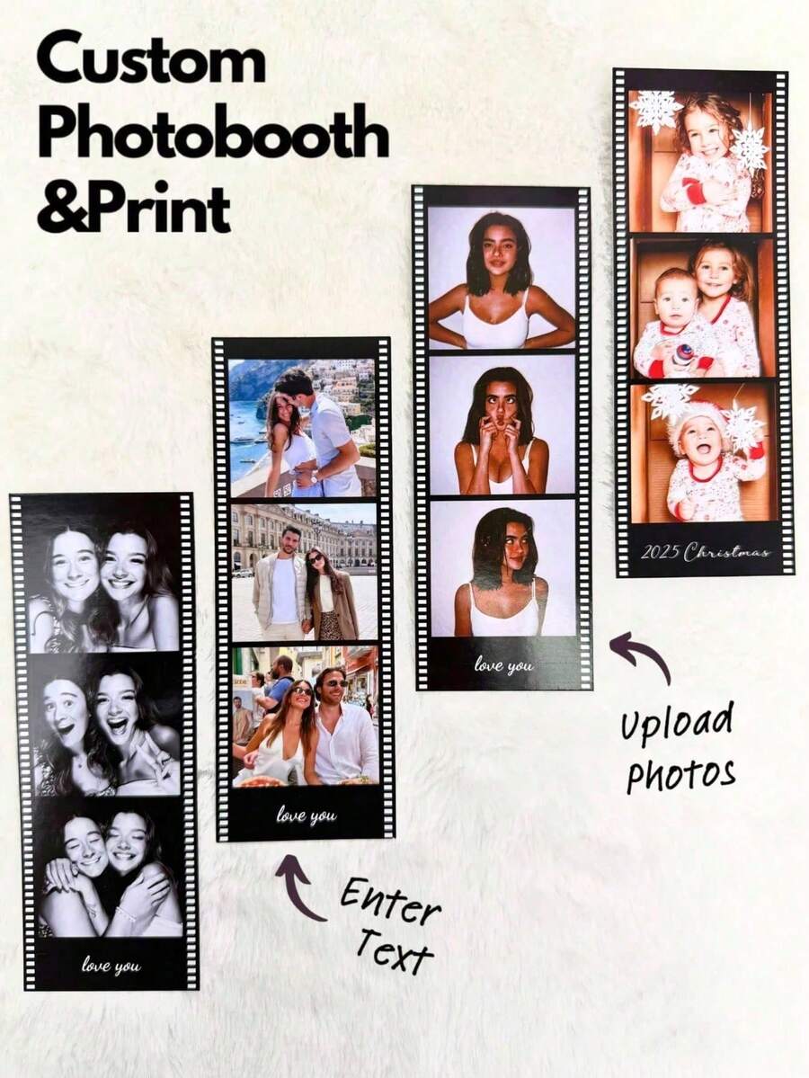 Impresión personalizada de cabina fotográfica, cabina fotográfica personalizada, impresión personalizada de cabina fotográfica, tarjetas de cabina fotográfica para bodas, marcos de película de cabina fotográfica, proporcionando 2 estilos de fotos, tiras de película fotográfica personalizadas, regalos de fotos personalizados, regalos de Año Nuevo, decoraciones para fiestas