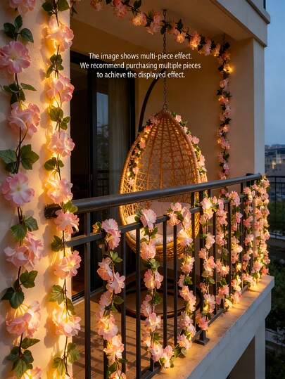 1条人造樱花藤蔓花环，带灯，电池供电，适用于生日派对、花园、卧室、聚会、婚礼、母亲节、情人节、节日装饰、家居、壁炉、楼梯、栏杆等，可作生日礼物、毕业典礼、圣诞节装饰、家居圣诞礼物、圣诞装饰等。2米长的花藤带开关控制，电池供电，塑料材质，圣诞装饰花卉主题，不含电池。