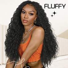 22 Inch Curly V-Shaped Clip-In Half Wig, Burmese Curl Synthetic Hair, No Glue No Trace, Fluffy & Natural Looking - Black - View 10