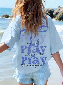 Áo thun oversized in hình "Pray" dành cho bé gái - In hình phía sau với điểm nhấn nơ và khẩu hiệu truyền cảm hứng - Áo thun thường ngày thoải mái cho mùa tựu trường và tụ tập bạn bè. - Màu xanh nhạt - Xem 8
